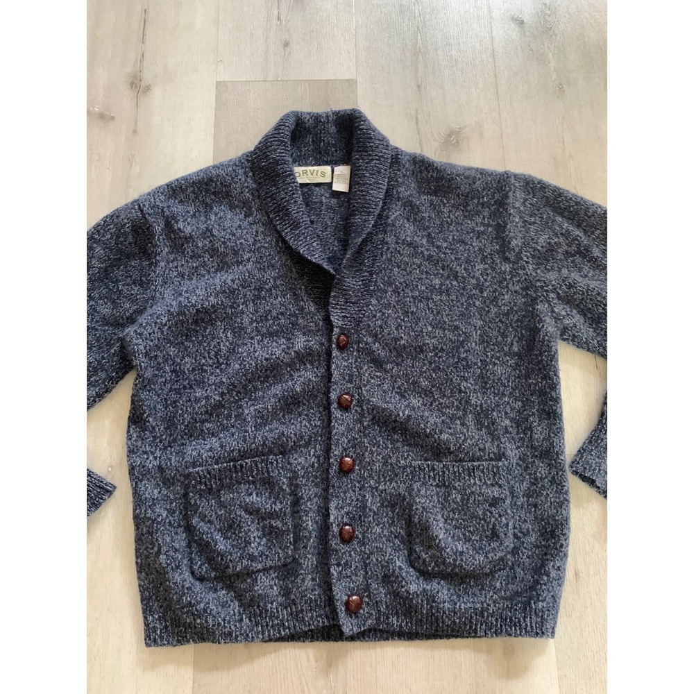 Orvis Mens XL Blue Marled Wool Blend Shawl Collar Button Cardigan Sweater Pocket